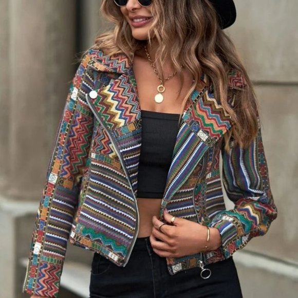 . Jackets & Blazers - Boho Tribal Lapel Neck zip up front textured biker Jacket coat